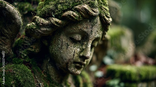 Ancient Angel Statue Covered in Moss in Serene Forest