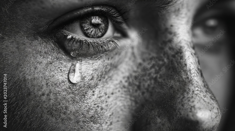 Naklejka premium Close-up Extreme Macro of Human Eye with Tear Droplet, Black and White