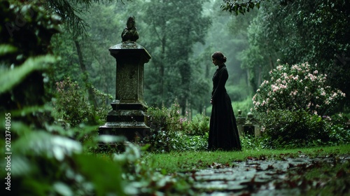 Victorian Woman in Black Dress in Moody Cemetery at Dusk