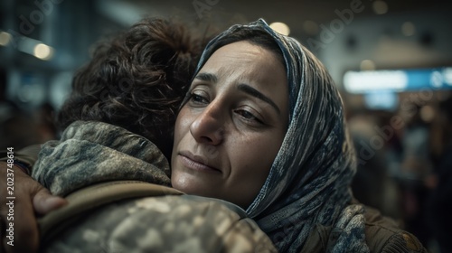 Woman in headscarf embracing soldier, emotional farewell