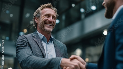 Successful businessman smiling while shaking hands with colleague in modern office lobby
