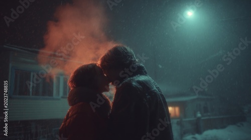 Couple sharing a kiss in the rain at night