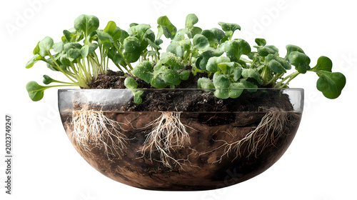 Baby spinach plants in soil with roots growing in transparent bowl showing water and soil.