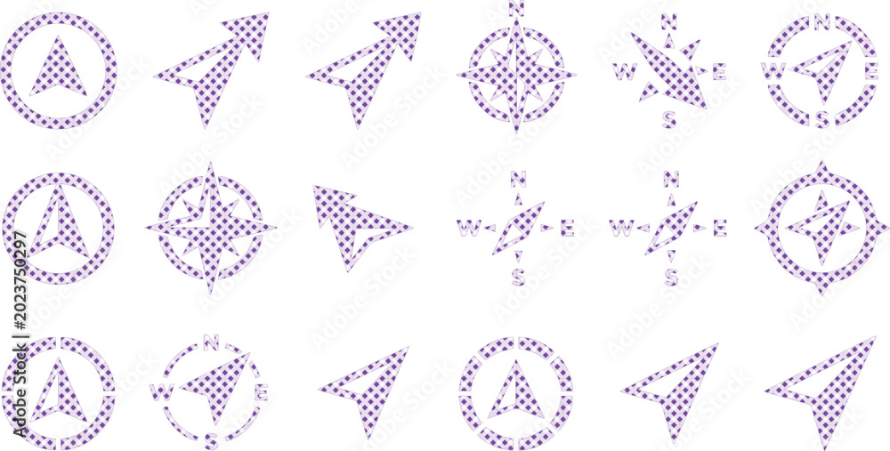 Fototapeta premium Minimalist navigation vector icon set, 18 purple dotted compass and arrow symbols, modern direction and location graphics for digital maps and UI design isolated PNG with Transparent Background