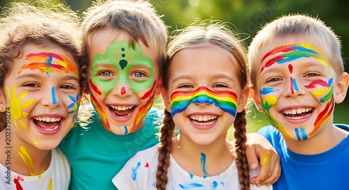 Four Happy Children with Colorful Face Paint Smiling Together Outdoors.