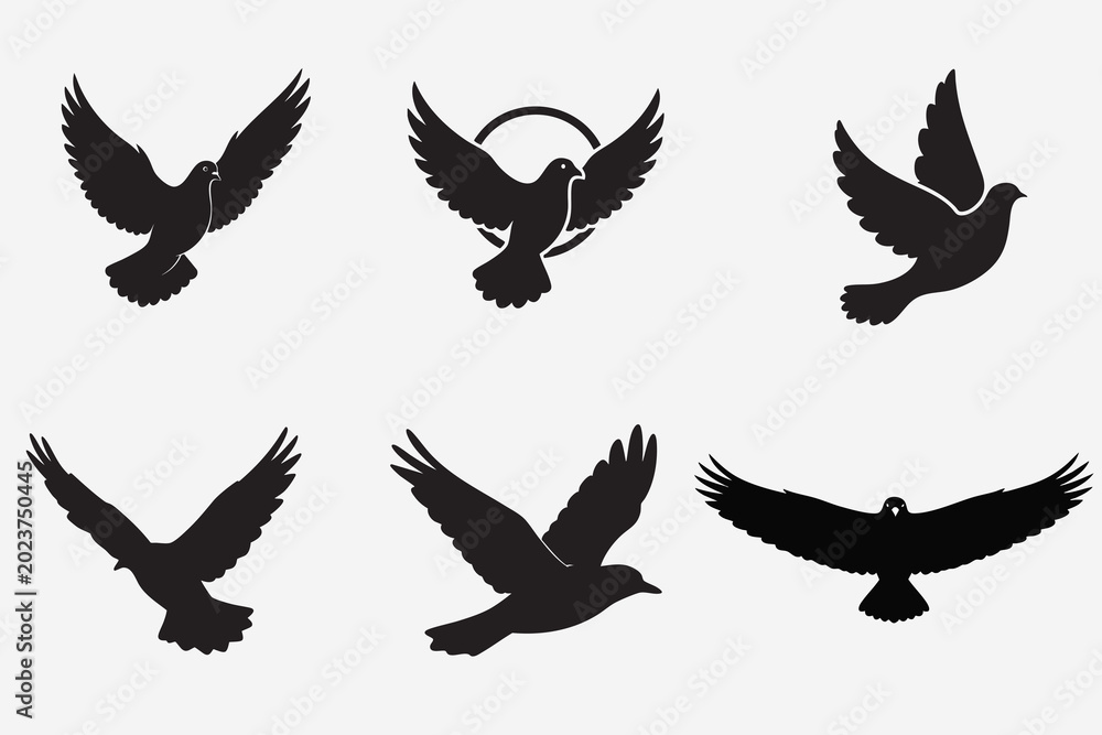 Fototapeta premium Minimalist Doves and Eagles in Flight Flying Bird Silhouette Vector Set