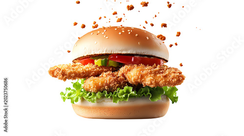 Crispy chicken burger with lettuce tomato and cucumber fresh food.