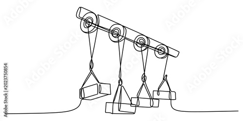 Foto Technical line drawing of a pulley system with hanging weights