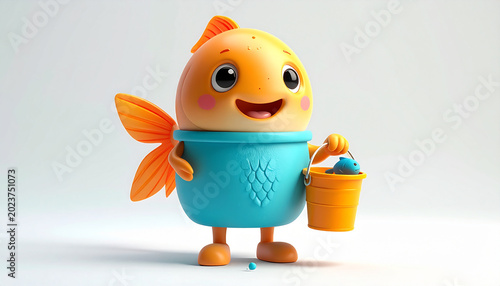 Cartoon fish character with bucket