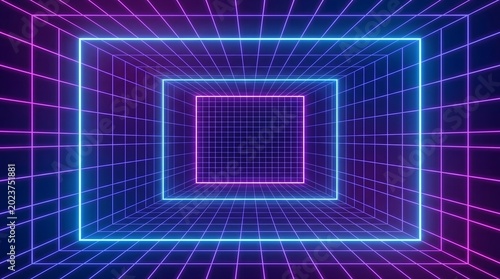 Neon grid tunnel with glowing blue and pink lines forming a futuristic pathway through a digital corridor
