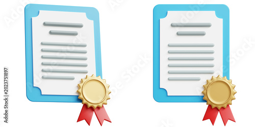 3D illustration of a license or certificate document with official seal. Business contract, diploma, approval and authorization concept in a clean modern style isolated on transparent background