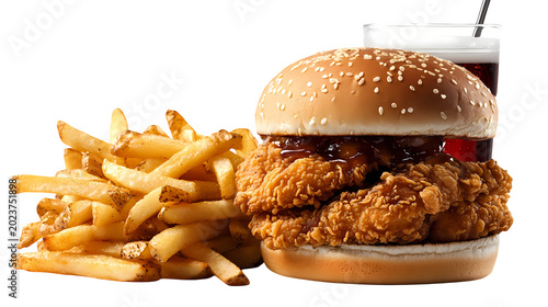 Delicious chicken burger with crispy fries and cola drink on transparent background.