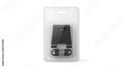 Black phone stand and USB C cable in clear plastic blister packaging mockup isolated on white background with hanging hole and ample copy space