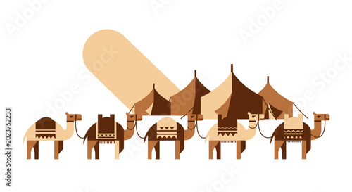 Bild auf Leinwand Geometric Camel Caravan and Desert Tents Vector Illustration