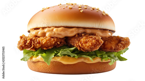 Fried chicken burger with creamy sauce and lettuce fresh fast food.