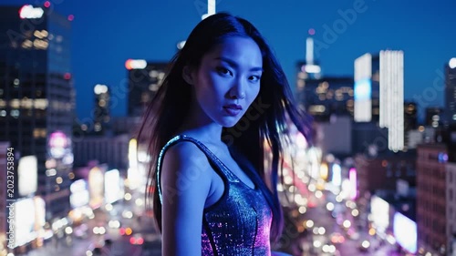 Woman in sequined dress illuminated by blue neon light with blurred city skyline at night