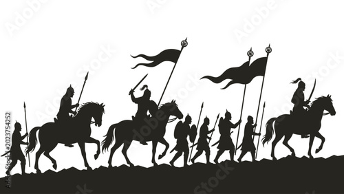 Foto mounted warriors with flags and spears in procession dramatic black silhouette