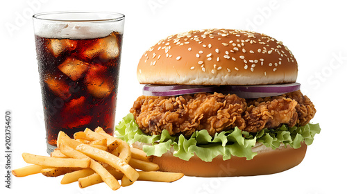 Juicy chicken burger with fresh lettuce and onion, served with crispy fries and cola.