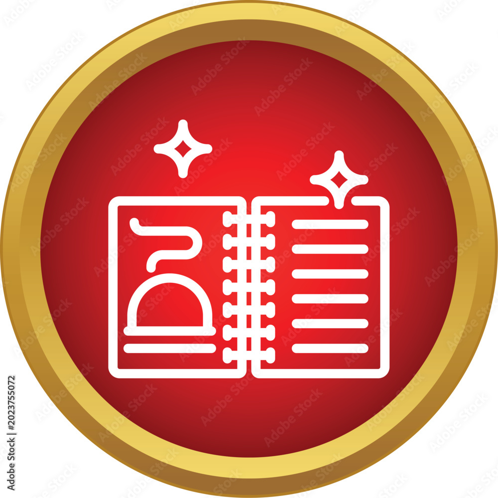 Obraz premium White outline illustrating an open spellbook with sparkling stars on a red and gold button