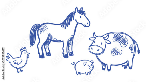 Foto Hand drawn farm animal doodles with horse cow pig and chicken in blue ink sketch