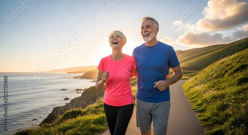 al aire libre senior fitness mujer hombre estilo de vida activo deporte ejercicio saludable ajuste pareja corriendo trotar ancianos maduros divirtiéndose riendo hablando juntos simplista diseño plano