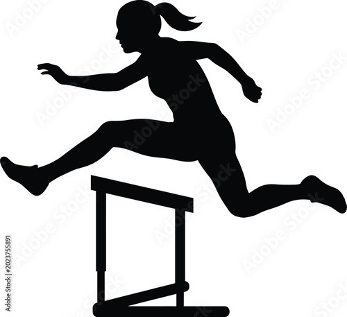 Tableau sur toile Female athlete jumping hurdle in action black silhouette