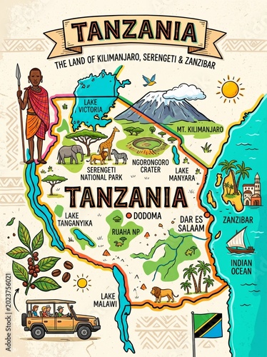 Vintage-style tourism illustration poster of Tanzania showcasing wildlife, landscapes, and cultural travel nostalgia.
