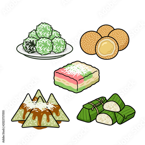 Delicious array of traditional Indonesian culinary delights, featuring a colorful assortment of classic sweet and savory snacks and desserts, beautifully illustrated with vibrant details