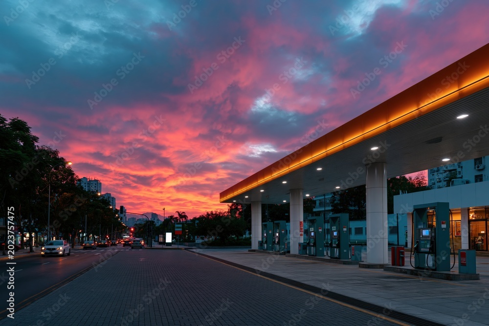 Obraz premium City gas station forecourt with glowing canopy and vivid magenta sunset for urban background banner and evening landscape wallpaper
