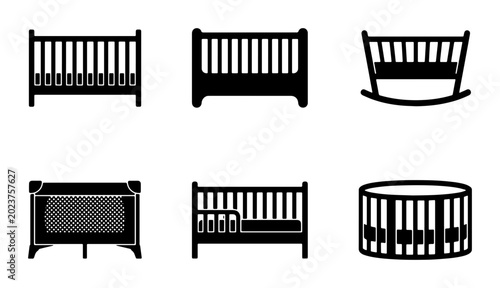 Tableau sur toile Six Modern Baby Crib Icons, Vector Nursery Furniture Collection, Sleep Space Sym