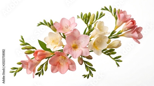 Elegant composition of delicate pink and white freesia flowers with green buds, creating a beautiful and vibrant floral display, perfect for spring
