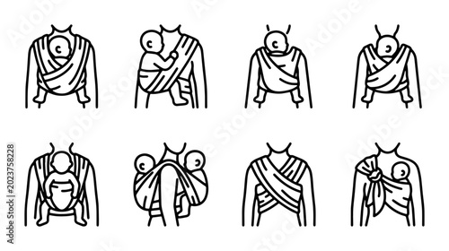 Tableau sur toile Baby Sling Carrying Methods, 8 Diverse Positions, Vector Icons Set, Parent and C