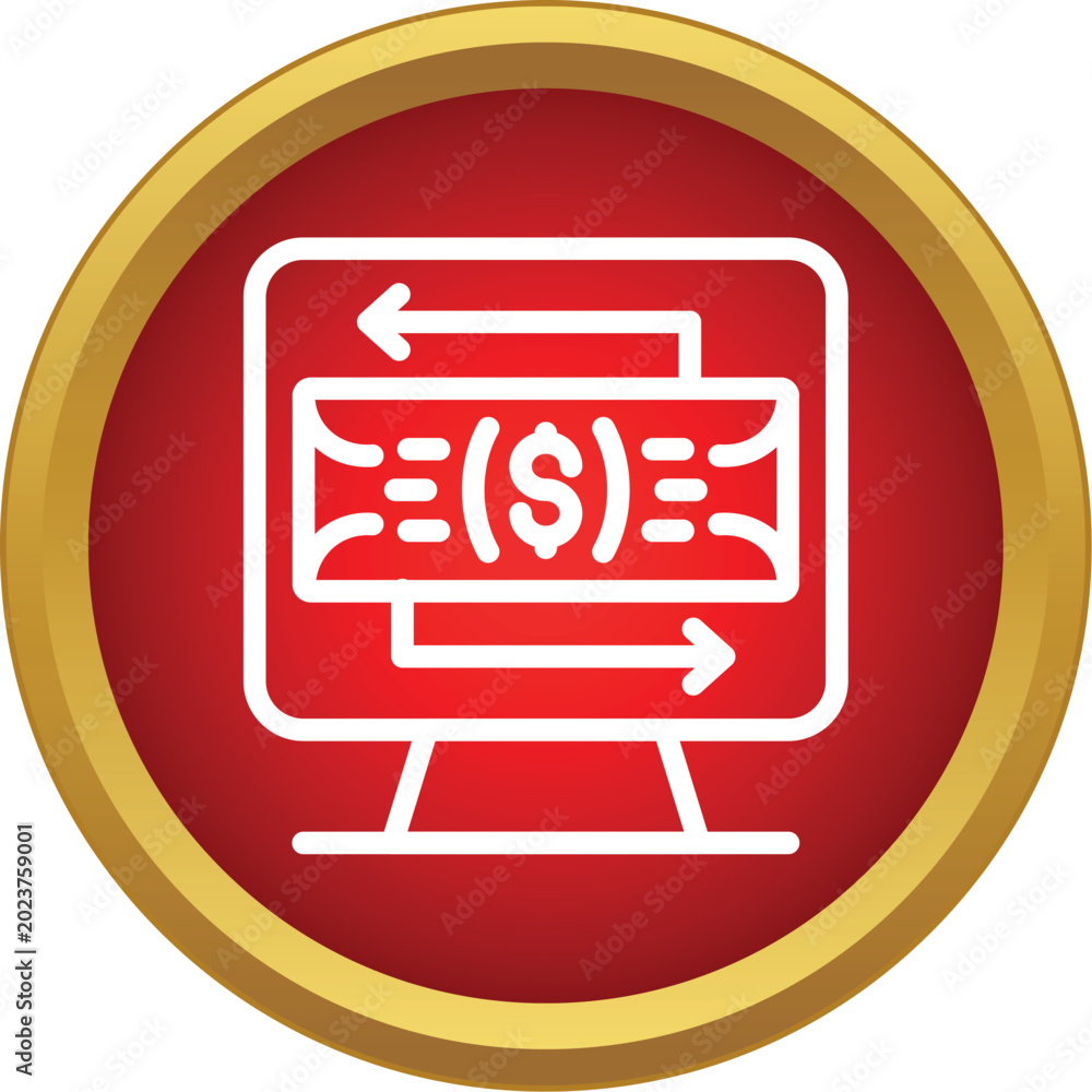 Fototapeta premium Computer monitor displaying a dollar banknote with arrows for electronic money transfer