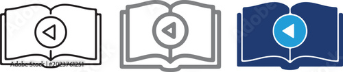 Fotografie Audiobook vector icon set with open book and media audio play back button online