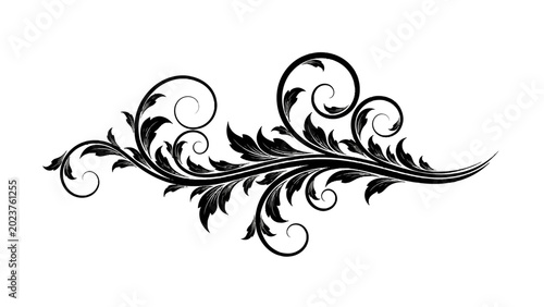 Canvas Print Ornate elongated horizontal floral swirl design element, a detailed black and white decorative ornament on an isolated white background
