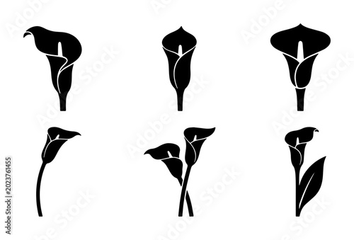 Bild auf Leinwand Elegant Calla Lily Silhouettes, Vector Icons Set: Black Flower Graphics for Flor