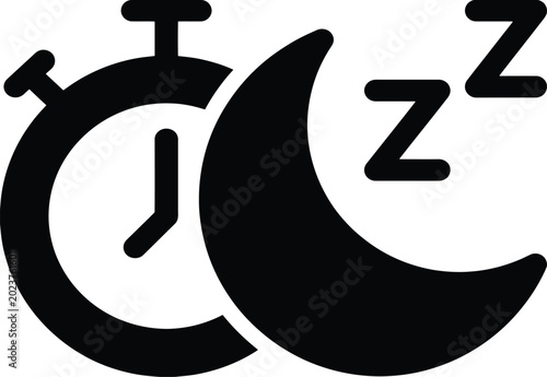 Tableau sur toile Sleep timer vector icon, black alarm clock with crescent moon and zzz symbols, b