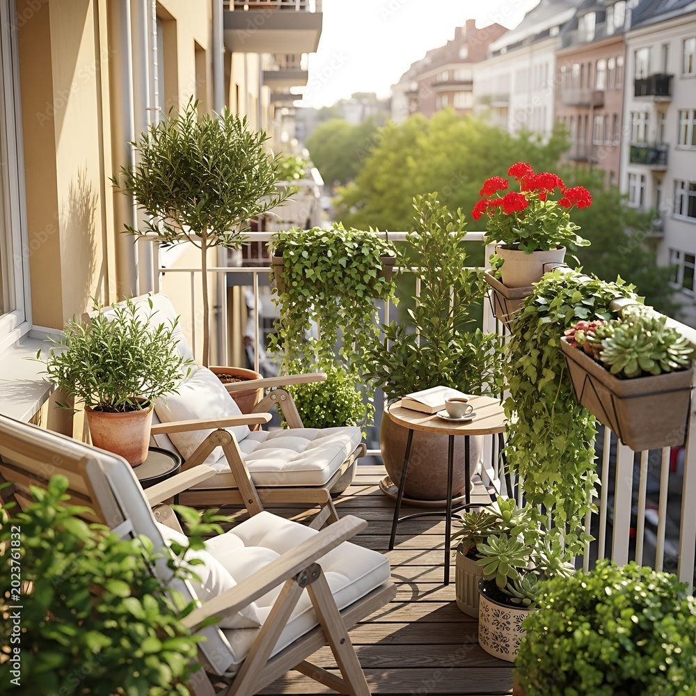Fototapeta premium Cozy urban balcony garden with furniture.