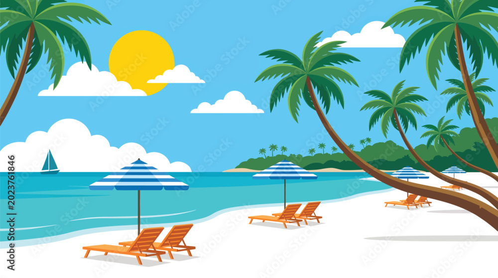 Obraz premium Tropical beach scene with palm trees sun ocean lounge chairs and umbrellas in a vibrant vector illustration