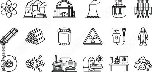 Foto Nuclear power plant energy icons set featuring radiation symbols reactor cooling tower and radioactive waste storage