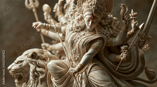 Intricate ivory sculpture of Hindu goddess Durga Mahishasuramardini with ten arms holding divine weapons, riding a roaring lion in a fierce battle pose