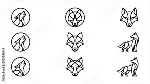 Quadro em tela Black line art wolf icons set.