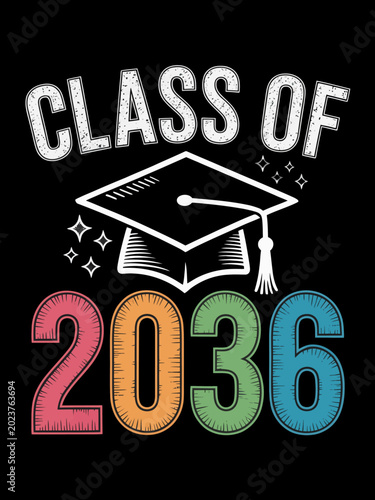 A graduation cap adorns the phrase 'Class of 2036' prominently displayed in vibrant colors.