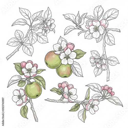Set of Hand-Drawn Apple Twigs Isolated on White Background PNG