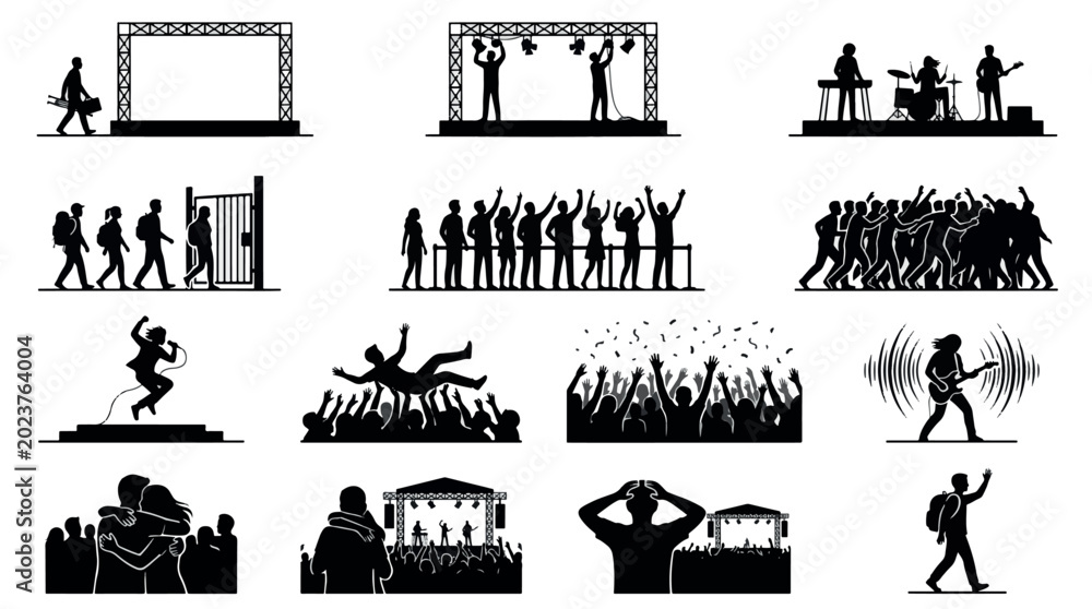 Fototapeta premium Timeline of Festival Energy Silhouettes Sets Packs, Editable Vector Stroke Illustrations. containing silhouette, concert, music, festival, crowd, stage and more Music Festivals silhouettes