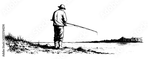 Cuadro en lienzo fisherman with fishing rod by the lake sketch vector