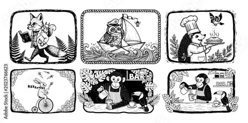 Tableau sur toile vintage anthropomorphic animal characters set hand drawn vector