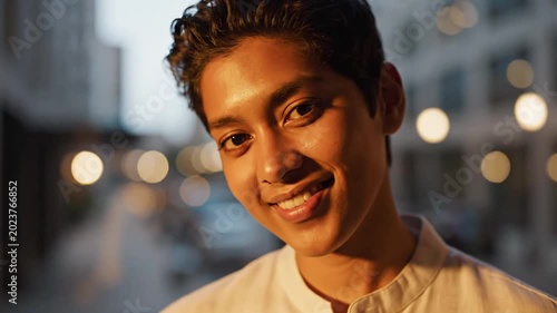 Young person with warm light on face, blurred city lights background