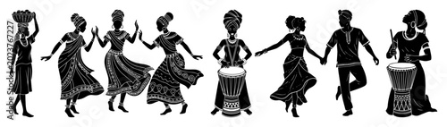 african people silhouette dancing and playing drums seamless border vector