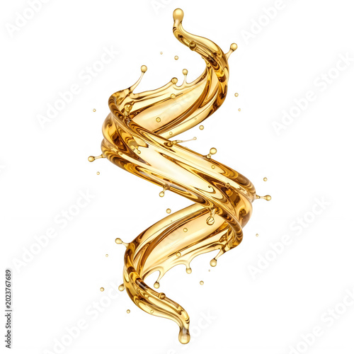 Golden swirling liquid splash in dynamic motion with intricate details transparent background